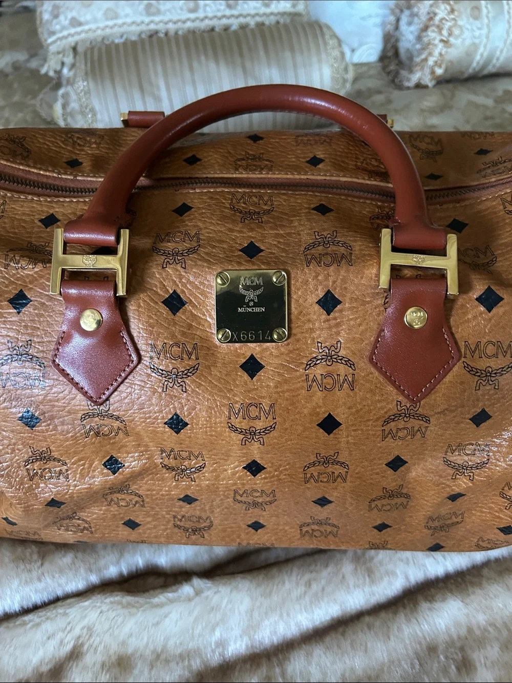 MCM Cognac Visetos Monogram Duffel with Tan Leather Trim EUC … comes with COA